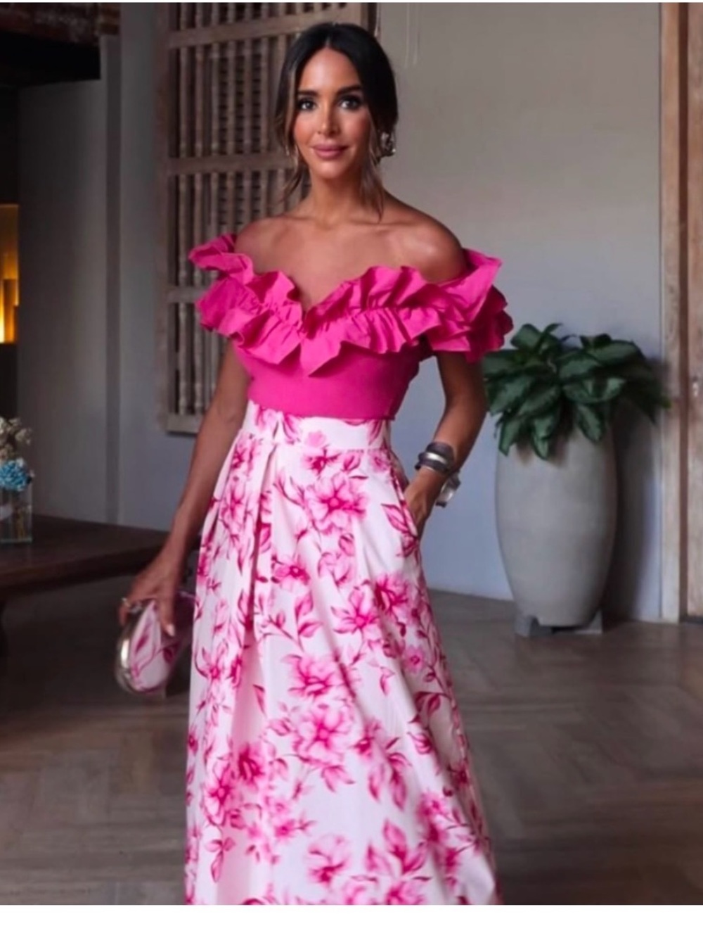 Zara Hot Pink Off-Shoulder Ruffle Top with Pink Floral Skirt